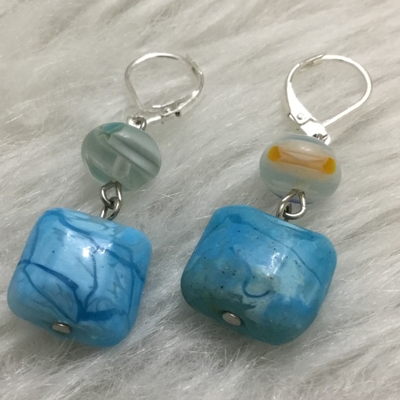 Handmade Blue floral glass earrings - Picture 2 of 5